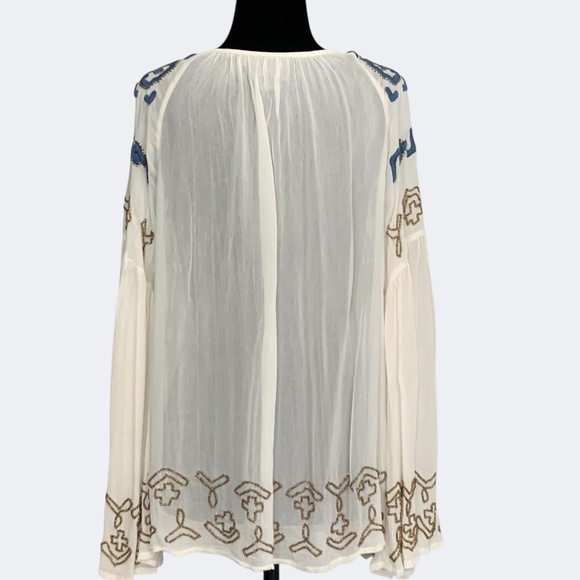 Anthropologie Diem Ivory Chiffon Embroidered Beaded Boho Flounce Peasant Top 6 - Picture 7 of 15